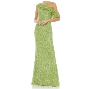 Mac Duggal Green One-Shoulder Sequin Gown With Ruffle Details Size 6 New